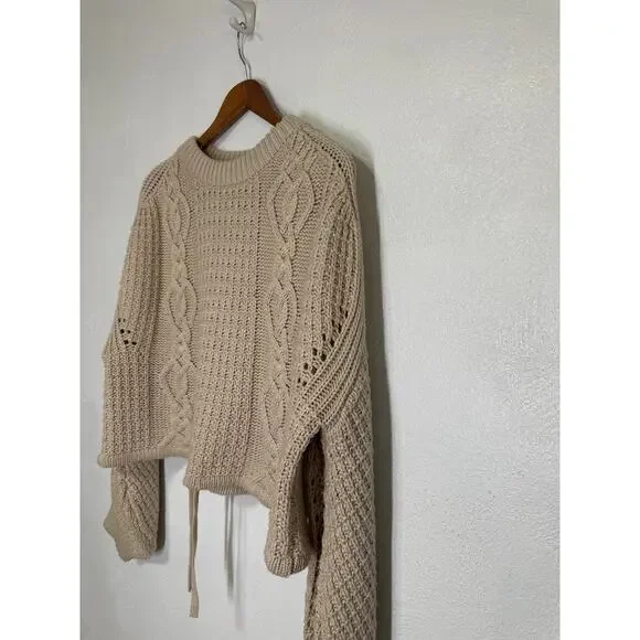Gianni Bini Oversized Crop Chunky Cable Knit Fishermen Sweater M Cream Designer - Picture 6 of 13